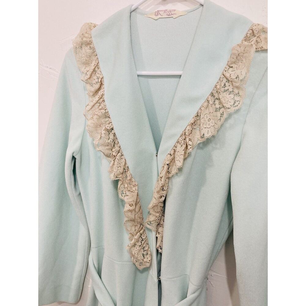 Vintage Vanity Fair Women's Long Lace Blue Green Velour Wrap Robe Size 12 Ruffle - Picture 3 of 9